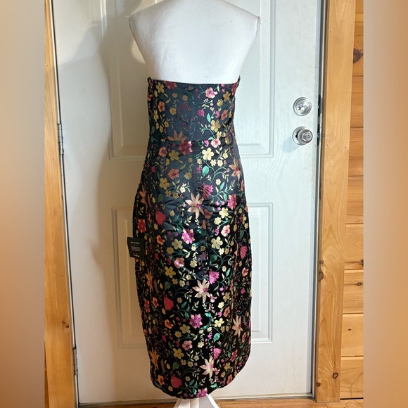 Lulus Make A Move Dress, Size Large, Satin Floral Jacquard Strapless Midi Black - Picture 7 of 16